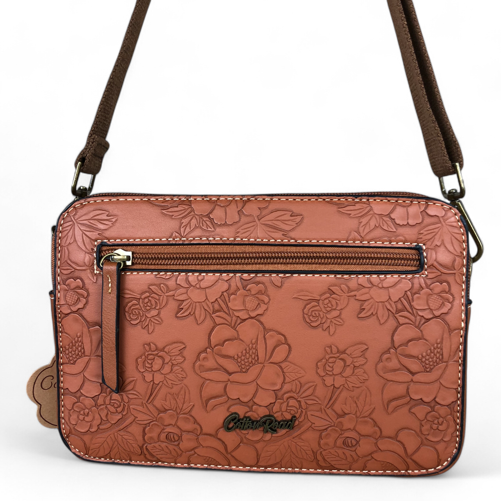 TAN BROWN PU Leather Cotton Road Sling Bag with EMBOSSED FLOWERS
