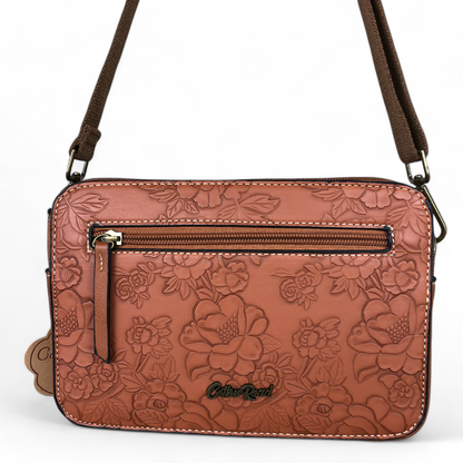 TAN BROWN PU Leather Cotton Road Sling Bag with EMBOSSED FLOWERS