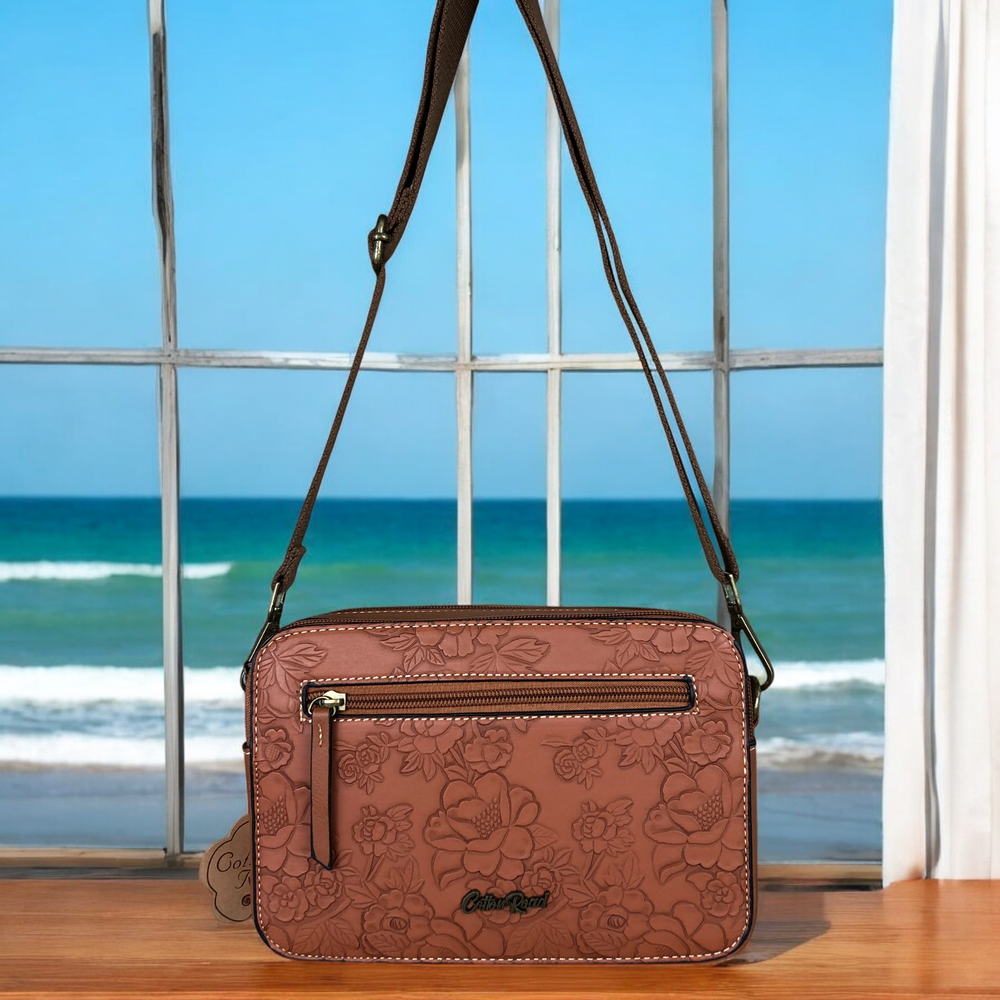 TAN BROWN PU Leather Cotton Road Sling Bag with EMBOSSED FLOWERS