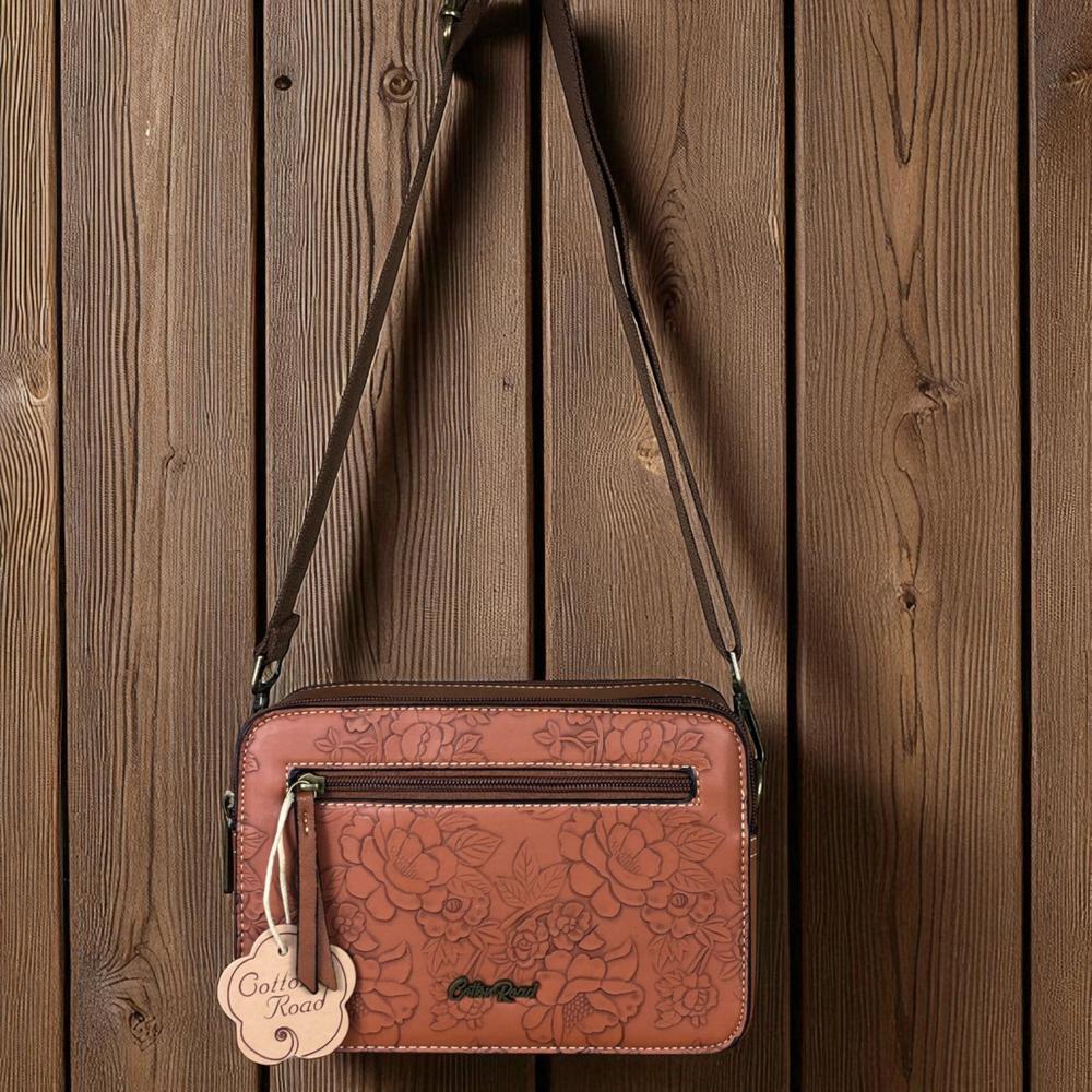 TAN BROWN PU Leather Cotton Road Sling Bag with EMBOSSED FLOWERS