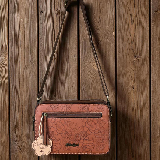 TAN BROWN PU Leather Cotton Road Sling Bag with EMBOSSED FLOWERS