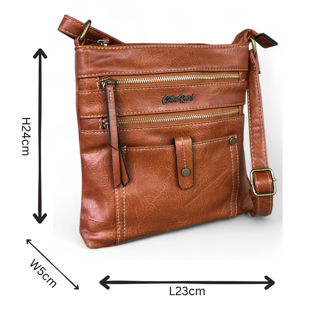 TAN BROWN PU Leather Cotton Road Sling Bag with Metal Zips