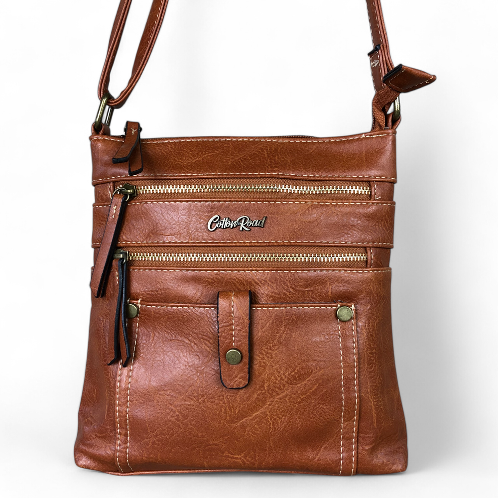 TAN BROWN PU Leather Cotton Road Sling Bag with Metal Zips