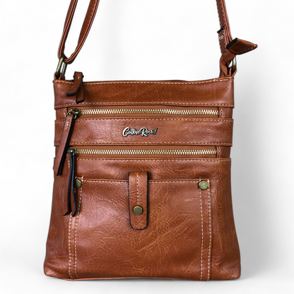 TAN BROWN PU Leather Cotton Road Sling Bag with Metal Zips