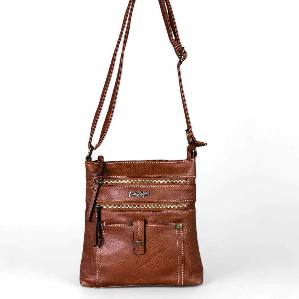 TAN BROWN PU Leather Cotton Road Sling Bag with Metal Zips