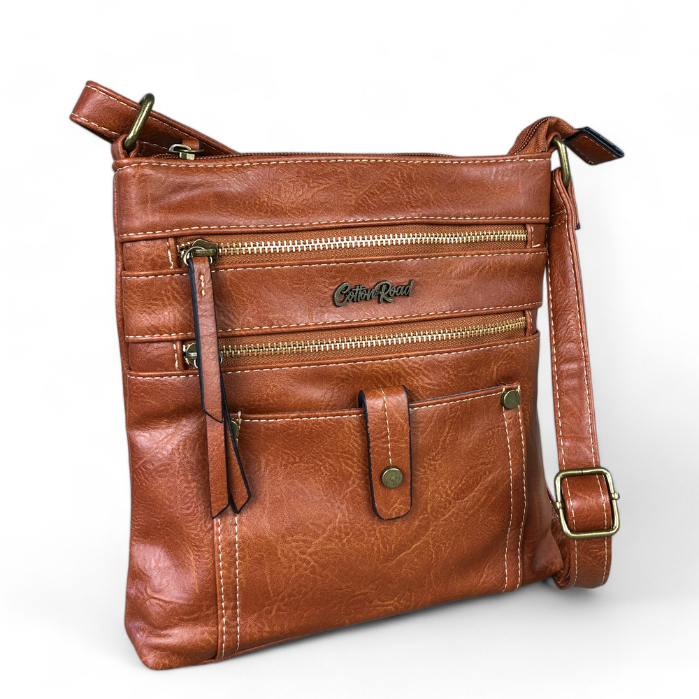 TAN BROWN PU Leather Cotton Road Sling Bag with Metal Zips