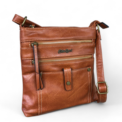 TAN BROWN PU Leather Cotton Road Sling Bag with Metal Zips