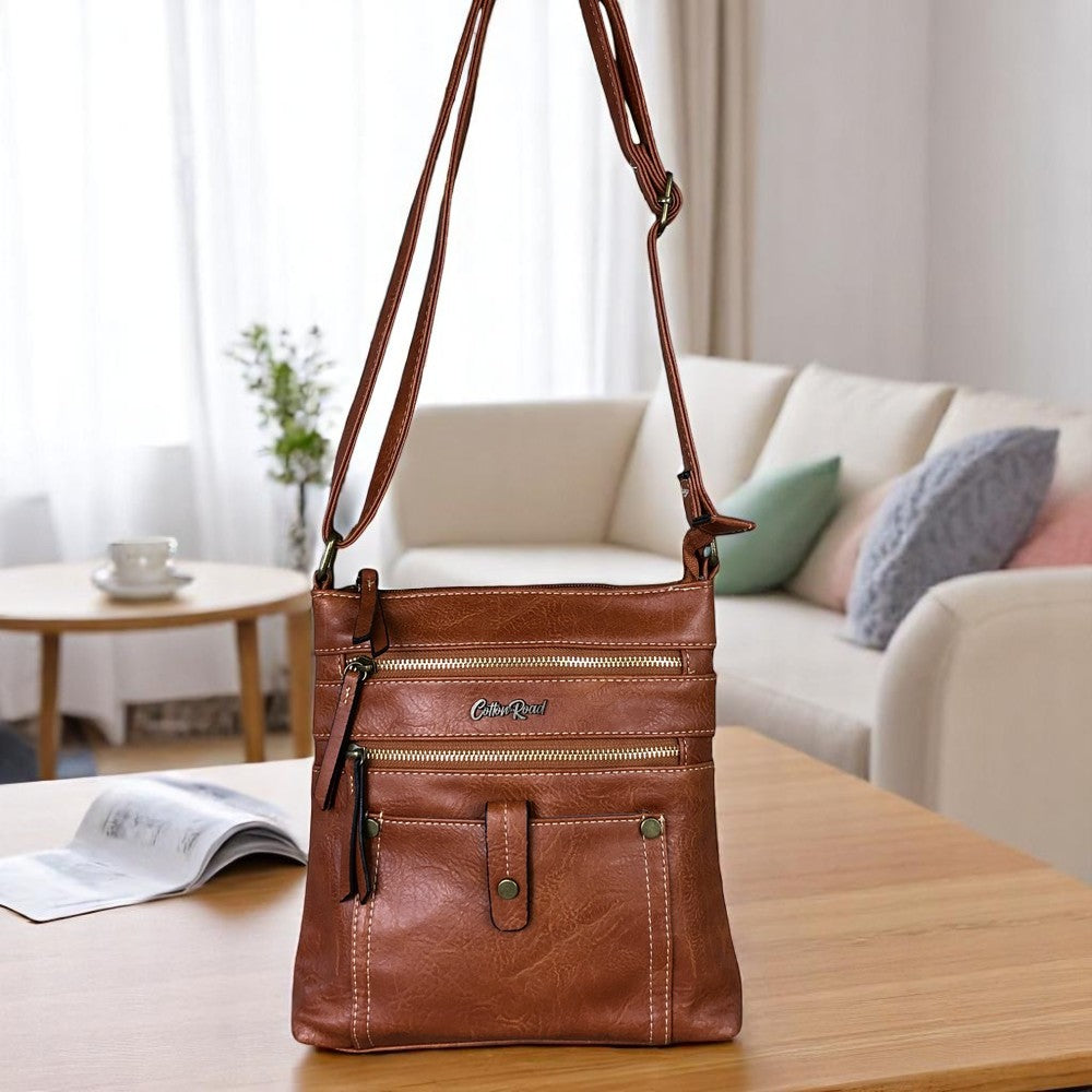 TAN BROWN PU Leather Cotton Road Sling Bag with Metal Zips