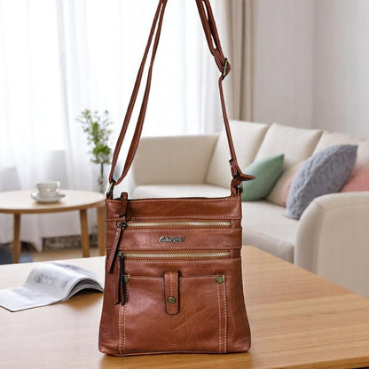 TAN BROWN PU Leather Cotton Road Sling Bag with Metal Zips