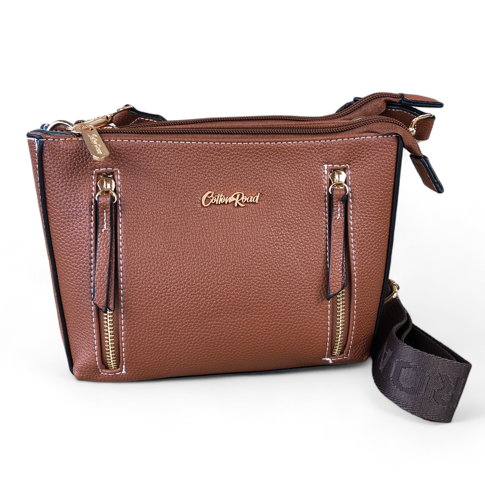 TAN Cotton Road PU Leather Sling Bag with BRANDED Strap