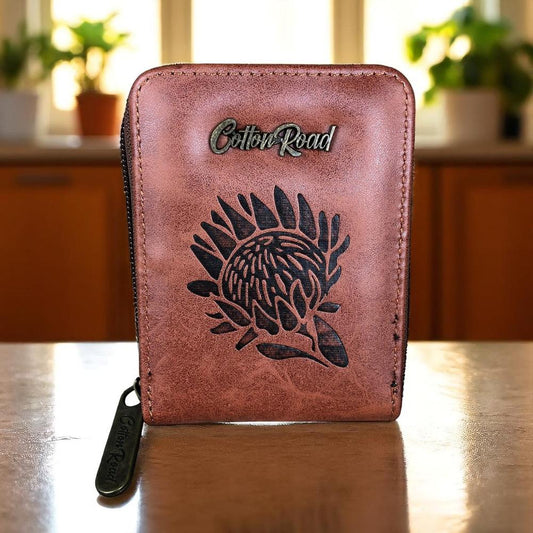 TAN PU LEATHER Cotton Road Card Holder with PROTEA