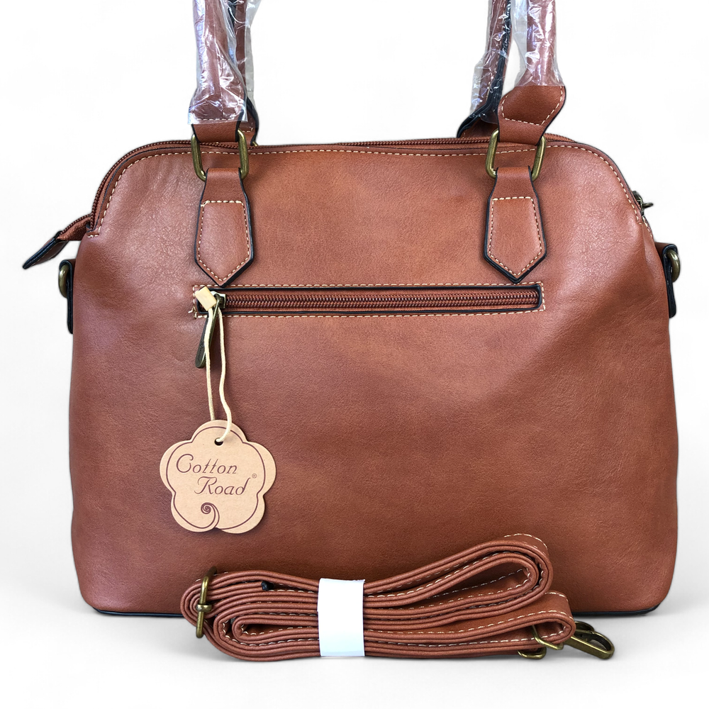 TAN PU Leather Cotton Road Handbag with LEOPARD PRINT Panel