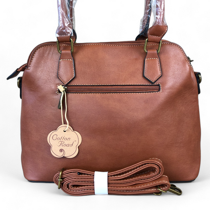 TAN PU Leather Cotton Road Handbag with LEOPARD PRINT Panel