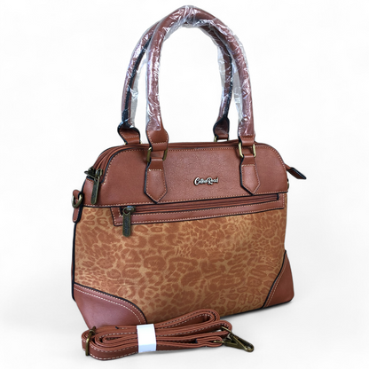 TAN PU Leather Cotton Road Handbag with LEOPARD PRINT Panel