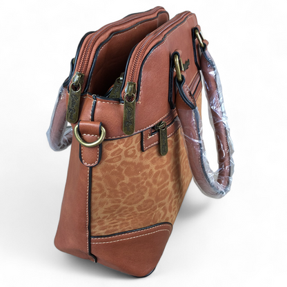 TAN PU Leather Cotton Road Handbag with LEOPARD PRINT Panel