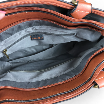 TAN PU Leather Cotton Road Handbag with LEOPARD PRINT Panel