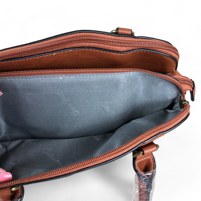 TAN PU Leather Cotton Road Handbag with LEOPARD PRINT Panel