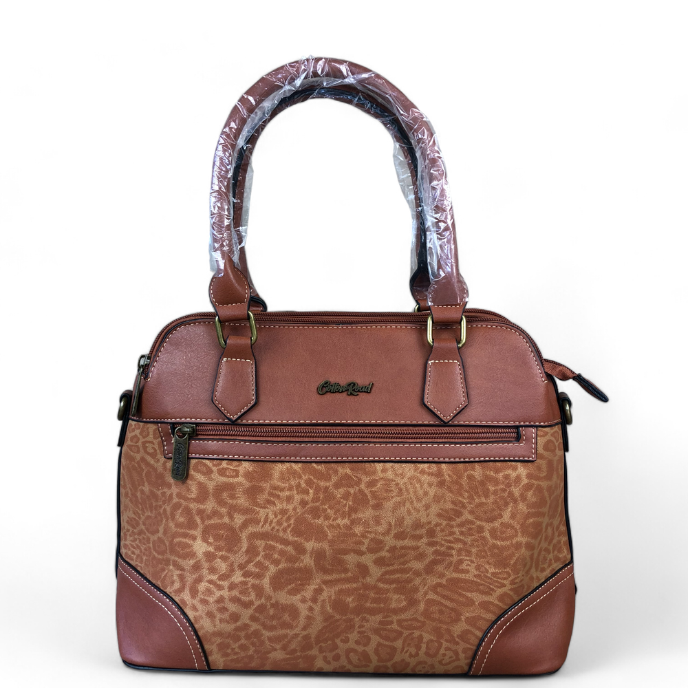 TAN PU Leather Cotton Road Handbag with LEOPARD PRINT Panel