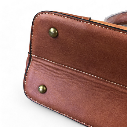 TAN PU Leather Cotton Road Handbag with LEOPARD PRINT Panel