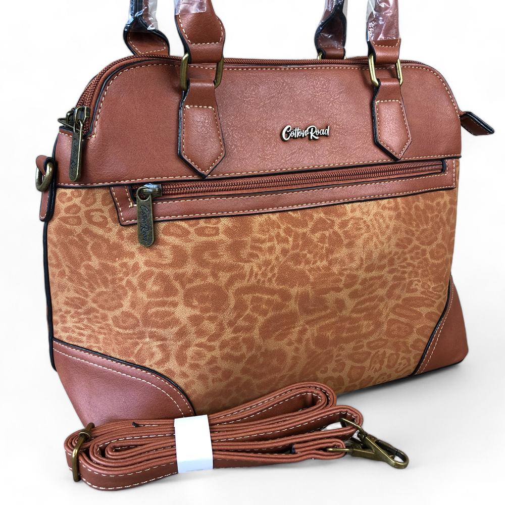 TAN PU Leather Cotton Road Handbag with LEOPARD PRINT Panel