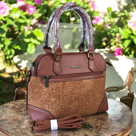 TAN PU Leather Cotton Road Handbag with LEOPARD PRINT Panel