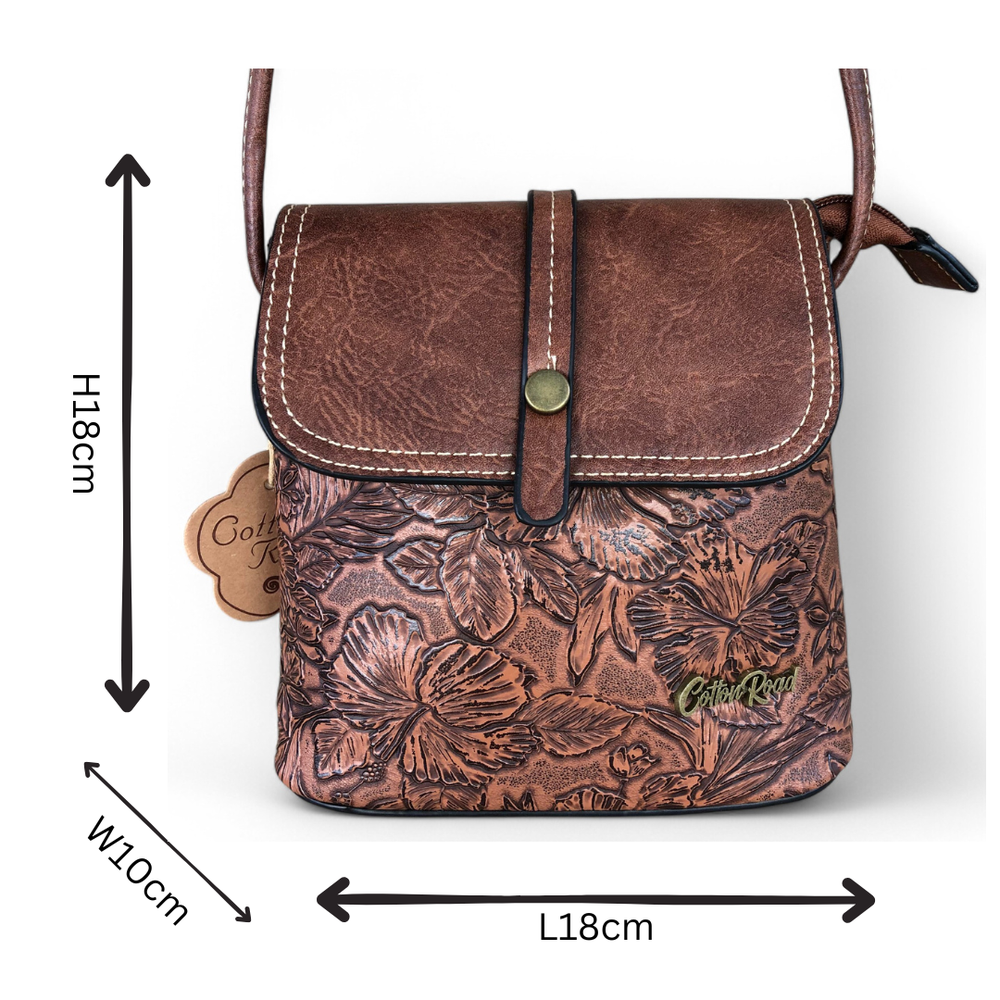 TAN PU Leather Cotton Road Sling Bag with EMBOSSED FLOWERS