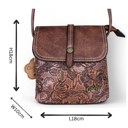 TAN PU Leather Cotton Road Sling Bag with EMBOSSED FLOWERS