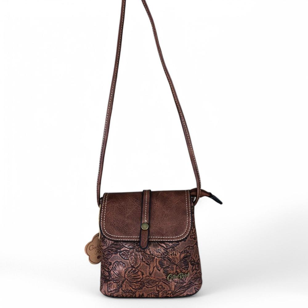 TAN PU Leather Cotton Road Sling Bag with EMBOSSED FLOWERS