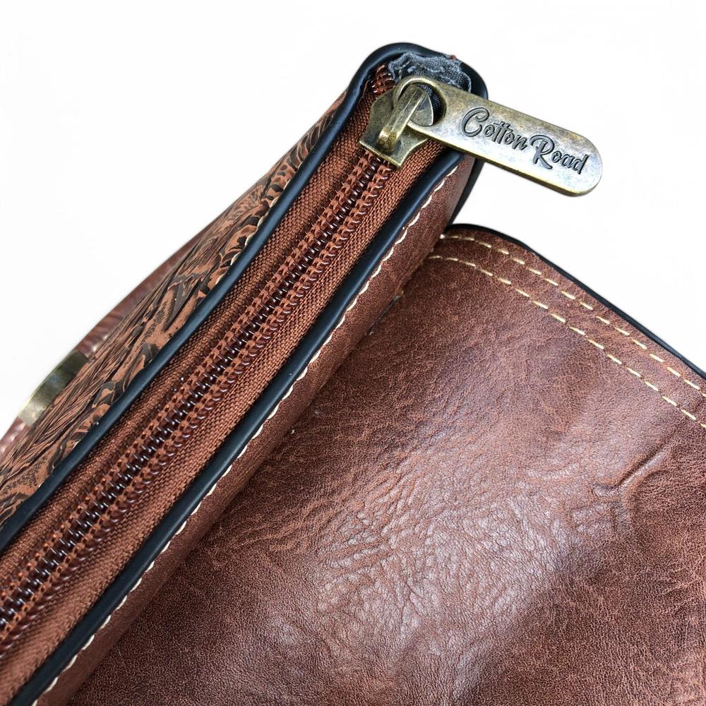 TAN PU Leather Cotton Road Sling Bag with EMBOSSED FLOWERS