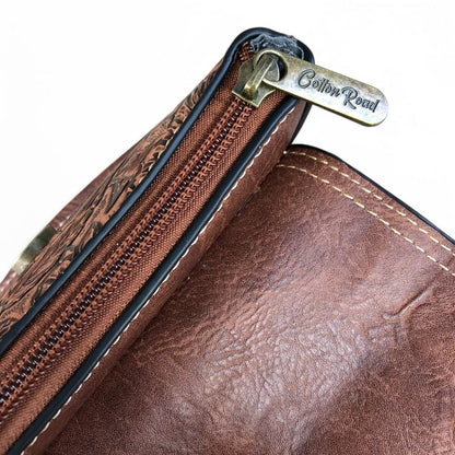 TAN PU Leather Cotton Road Sling Bag with EMBOSSED FLOWERS