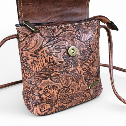TAN PU Leather Cotton Road Sling Bag with EMBOSSED FLOWERS