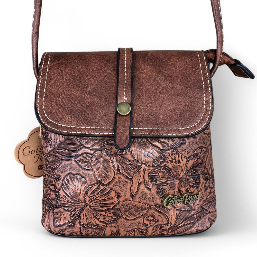 TAN PU Leather Cotton Road Sling Bag with EMBOSSED FLOWERS