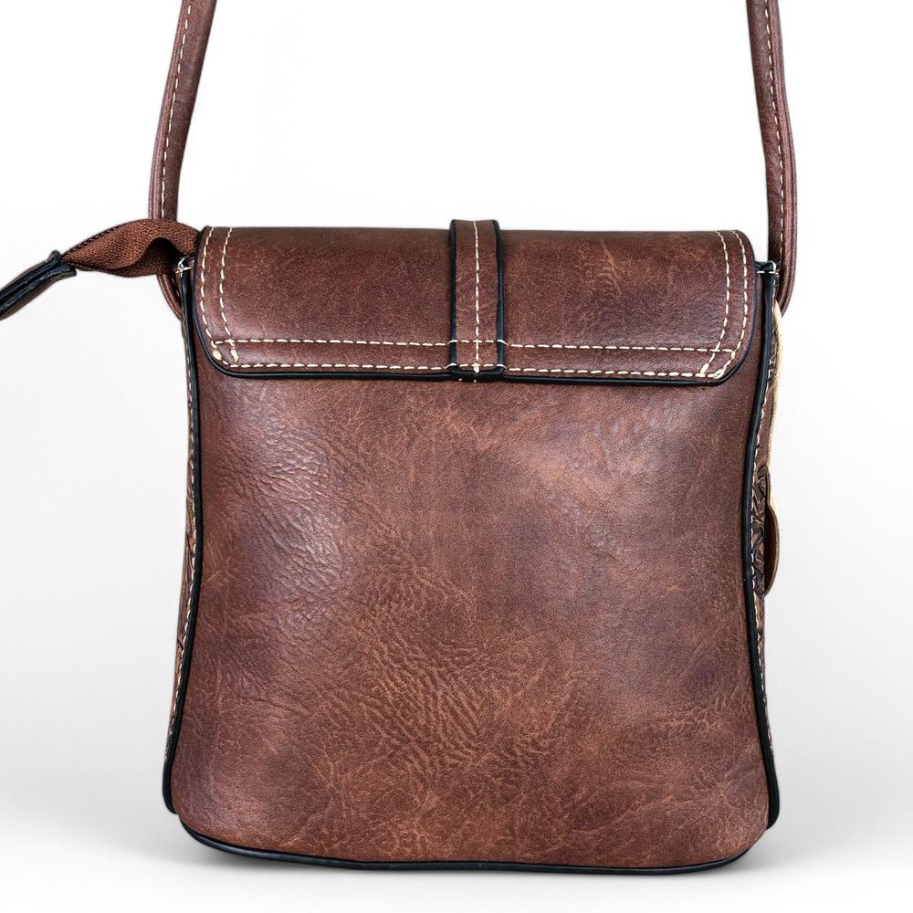 TAN PU Leather Cotton Road Sling Bag with EMBOSSED FLOWERS