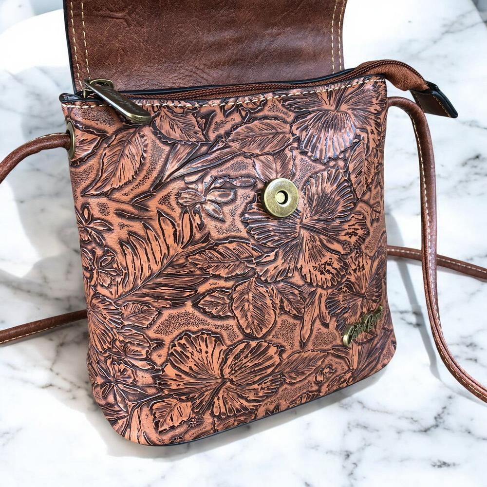 TAN PU Leather Cotton Road Sling Bag with EMBOSSED FLOWERS