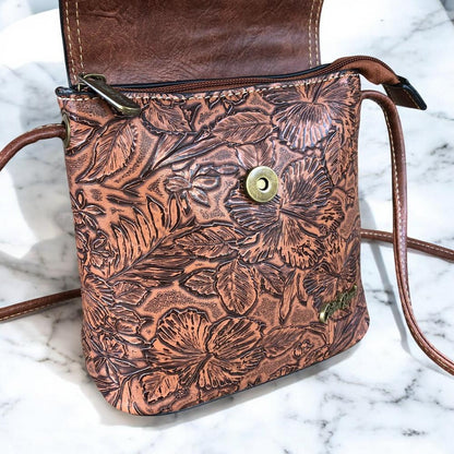 TAN PU Leather Cotton Road Sling Bag with EMBOSSED FLOWERS