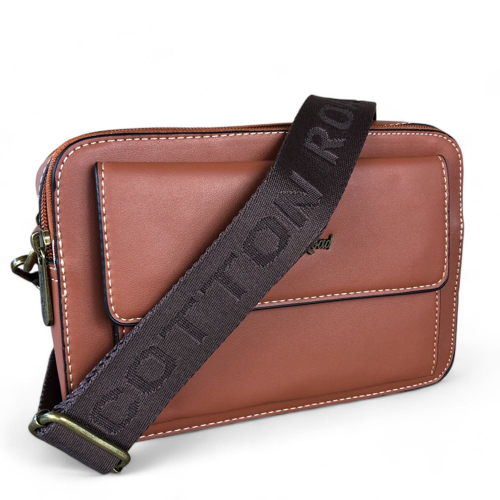 TAN BROWN PU Leather Cotton Road Sling Bag with BRANDED STRAP BACK