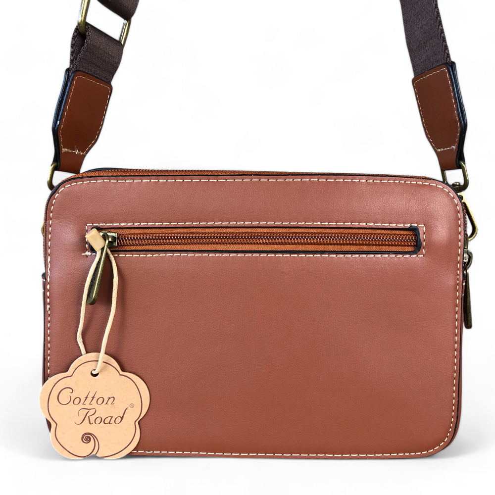 TAN BROWN PU Leather Cotton Road Sling Bag with BRANDED STRAP BACK VIEW