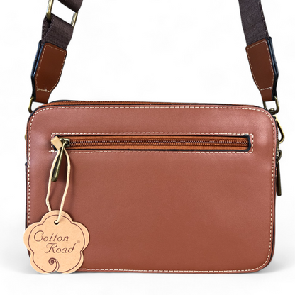 TAN BROWN PU Leather Cotton Road Sling Bag with BRANDED STRAP BACK VIEW