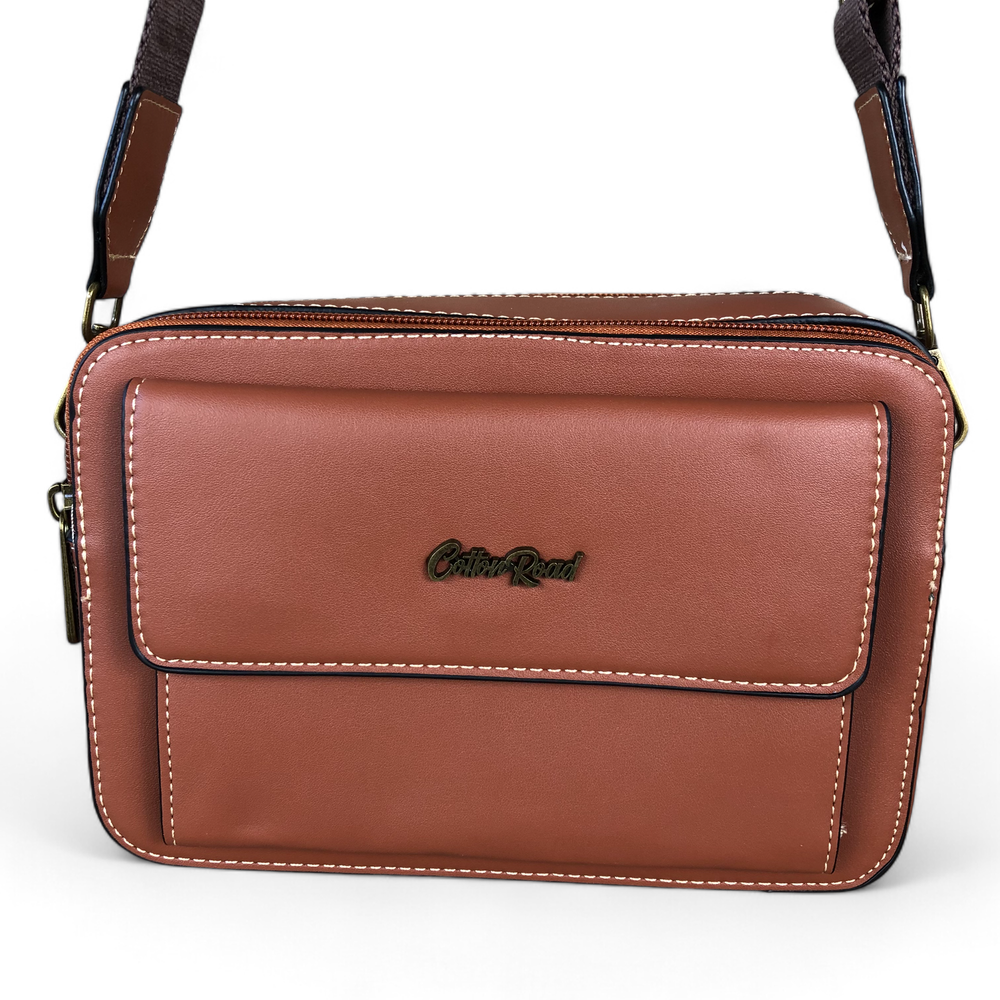 TAN BROWN PU Leather Cotton Road Sling Bag with BRANDED STRAP BRANDED