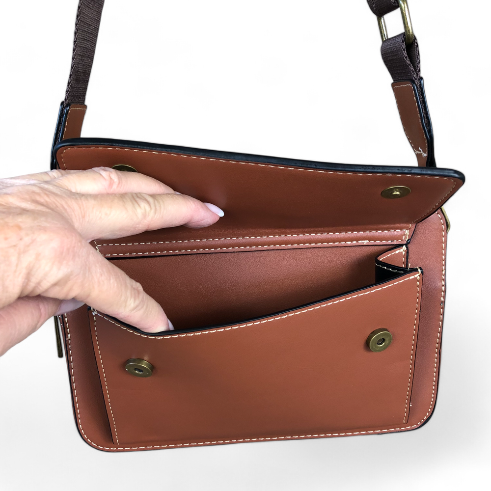 TAN BROWN PU Leather Cotton Road Sling Bag with BRANDED STRAP FRONT FLAP OPEN