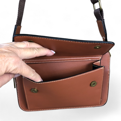 TAN BROWN PU Leather Cotton Road Sling Bag with BRANDED STRAP FRONT FLAP OPEN