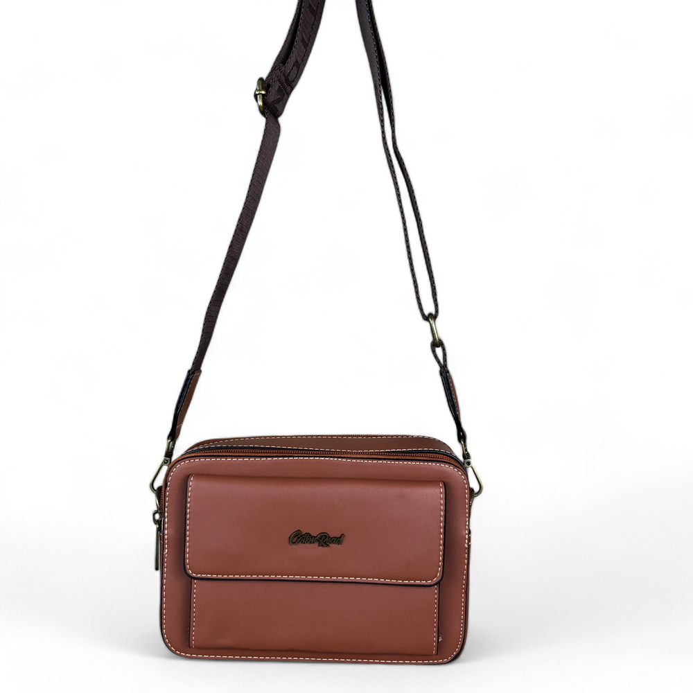 TAN BROWN PU Leather Cotton Road Sling Bag with BRANDED STRAP HANGING