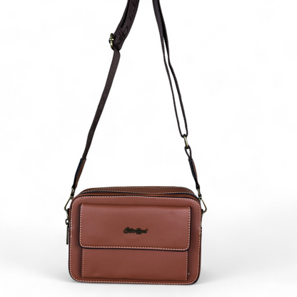 TAN BROWN PU Leather Cotton Road Sling Bag with BRANDED STRAP HANGING