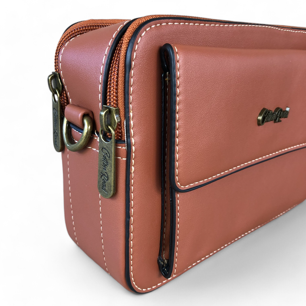 TAN BROWN PU Leather Cotton Road Sling Bag with BRANDED STRAP SIDE VIEW