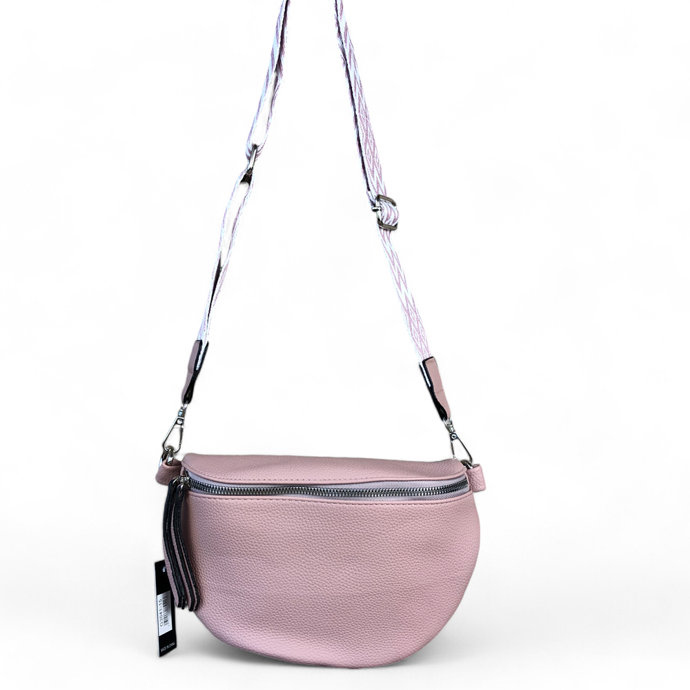 Troocolor Crossbody Bag: PINK PU Leather Cross Body / Waist Bag with Woven Strap hanging
