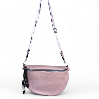 Troocolor Crossbody Bag: PINK PU Leather Cross Body / Waist Bag with Woven Strap hanging