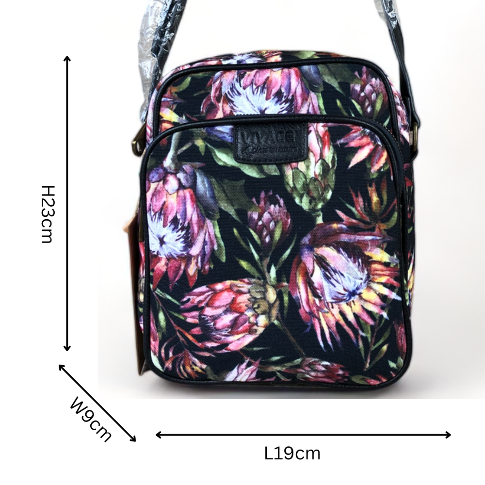 VIVACE BLACK Canvas Sling Bag with BLACK TRIM and PROTEAS