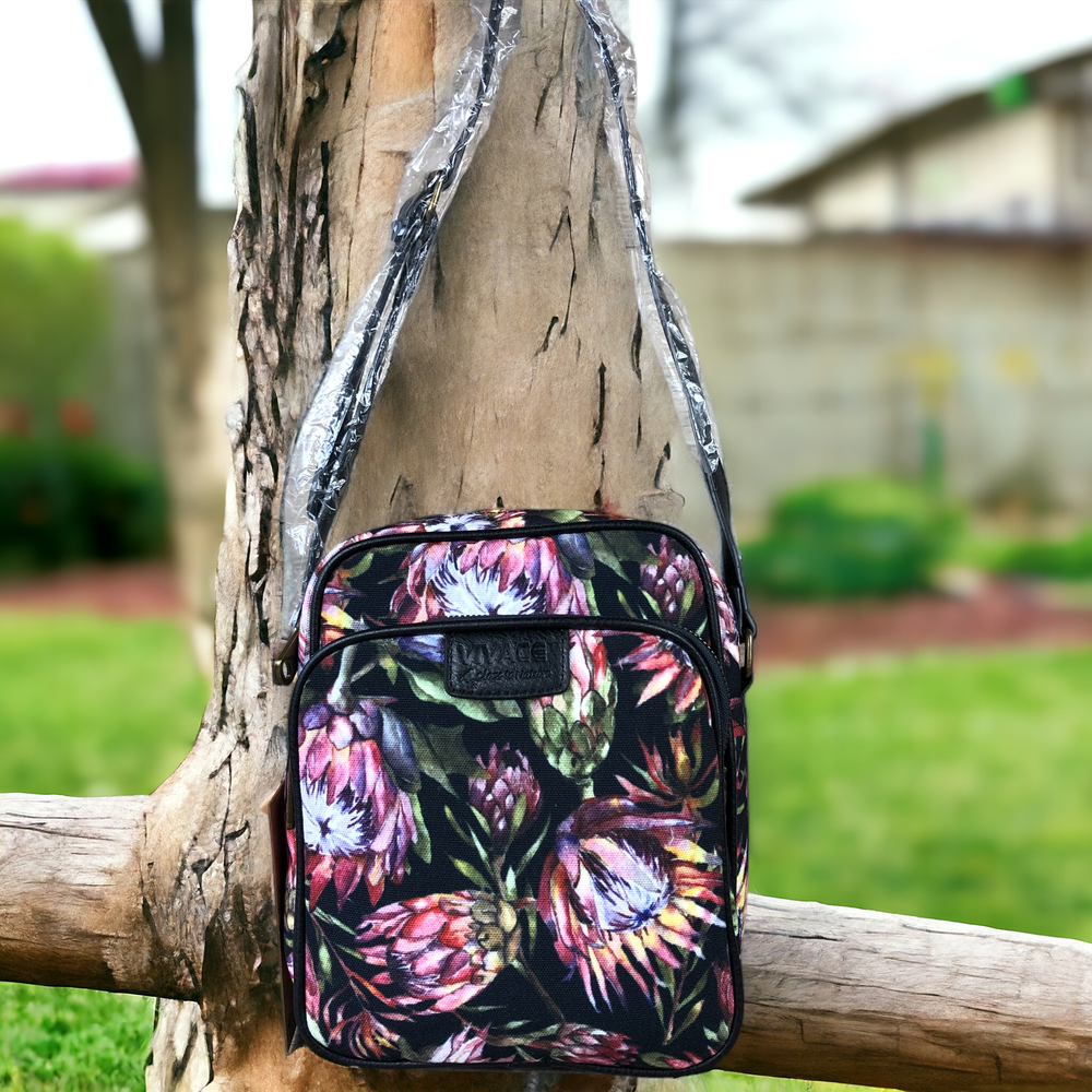 VIVACE BLACK Canvas Sling Bag with BLACK TRIM and PROTEAS