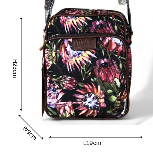 VIVACE BLACK Canvas Sling Bag with BROWN TRIM and PROTEAS