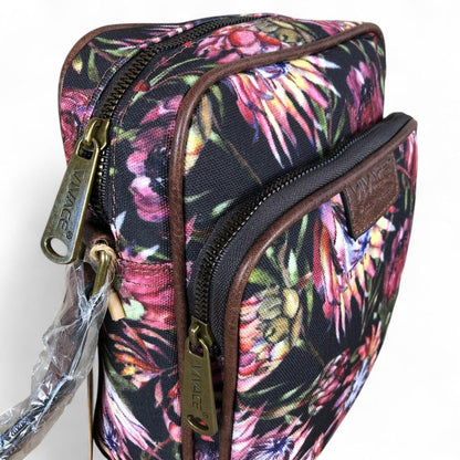 VIVACE BLACK Canvas Sling Bag with BROWN TRIM and PROTEAS